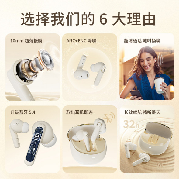 Lenovo Erazer (Wireless Noise Reduction) Bluetooth 5.4+10mm Ultra-Thin Diaphragm ETP-Z02 Beige 65015022